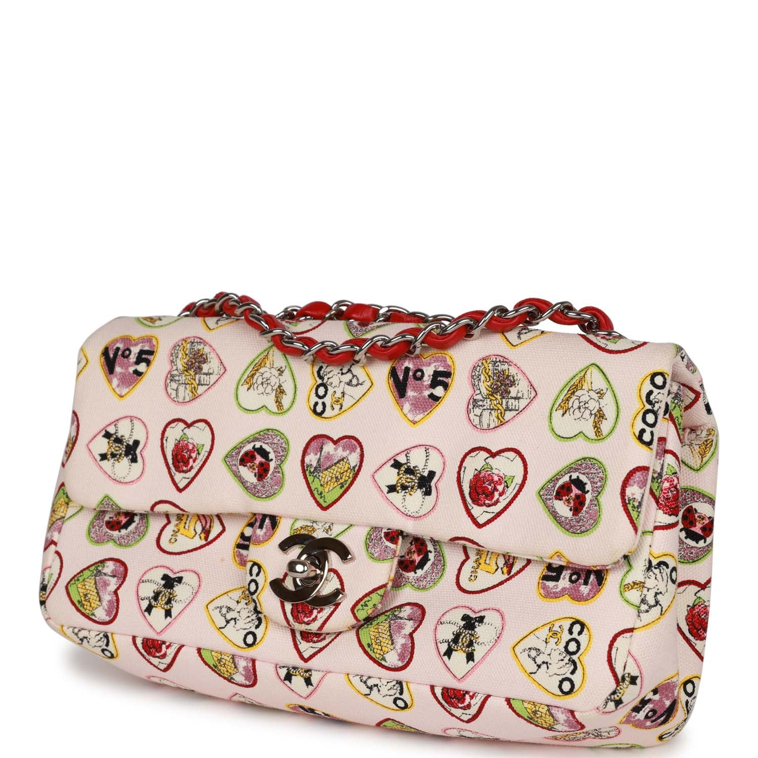 Pre-Owned Chanel Small Classic Coco Heart Motif Flap Bag Multicolor Canvas Silver Hardware