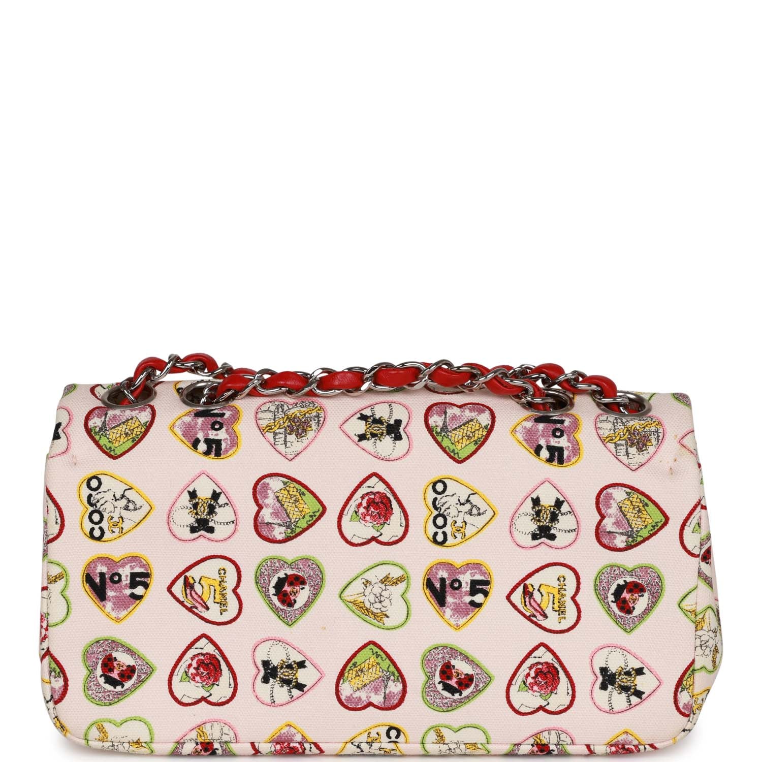 Pre-Owned Chanel Small Classic Coco Heart Motif Flap Bag Multicolor Canvas Silver Hardware