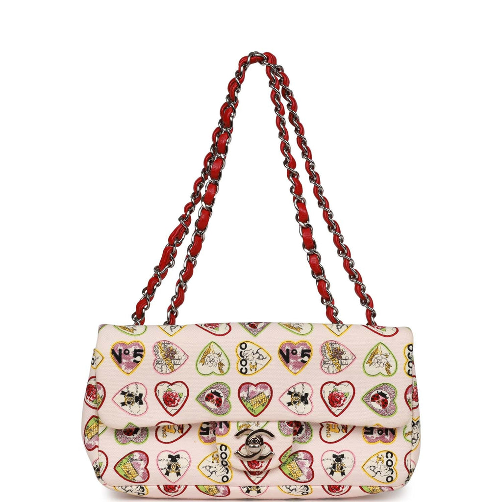 Pre-Owned Chanel Small Classic Coco Heart Motif Flap Bag Multicolor Canvas Silver Hardware