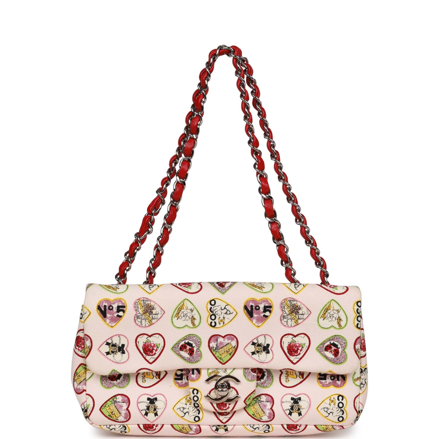 Pre-Owned Chanel Small Classic Coco Heart Motif Flap Bag Multicolor Canvas Silver Hardware