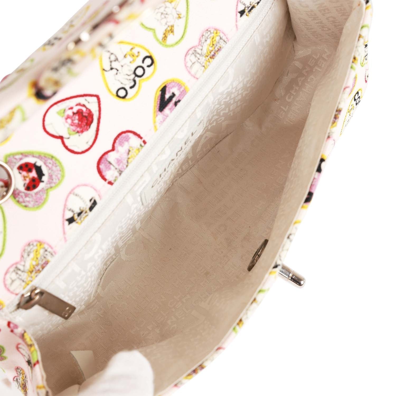 Pre-Owned Chanel Small Classic Coco Heart Motif Flap Bag Multicolor Canvas Silver Hardware