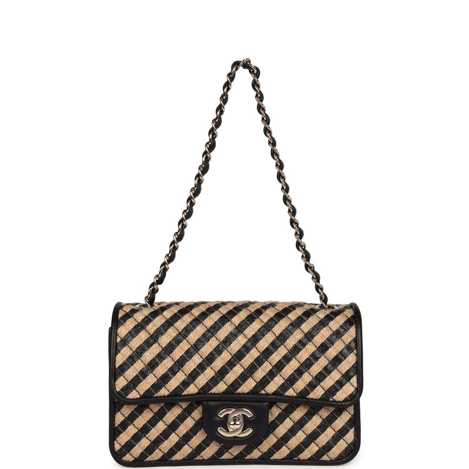Chanel Small Urban Jungle Flap Beige and Black Stripe Raffia Jute Gold Hardware