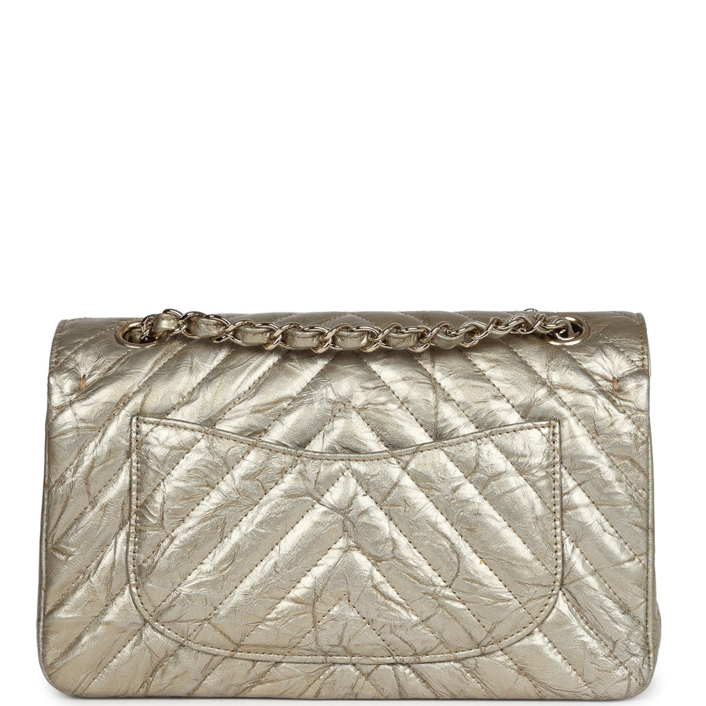Pre-owned Chanel Small Chevron Double Flap Bag Gold Metallic Patent Aged Calfskin Light Gold Hardware