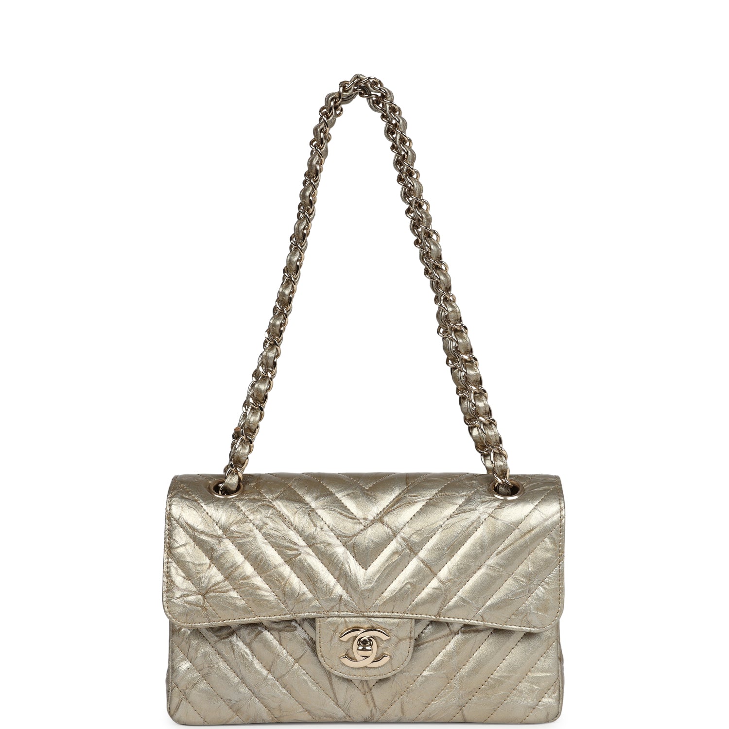 Pre-owned Chanel Small Chevron Double Flap Bag Gold Metallic Patent Aged Calfskin Light Gold Hardware