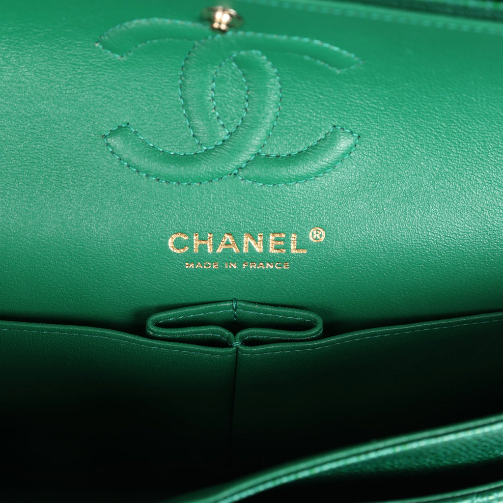 Chanel Small Classic Double Flap Bag Emerald Green Shiny Caviar Gold Hardware