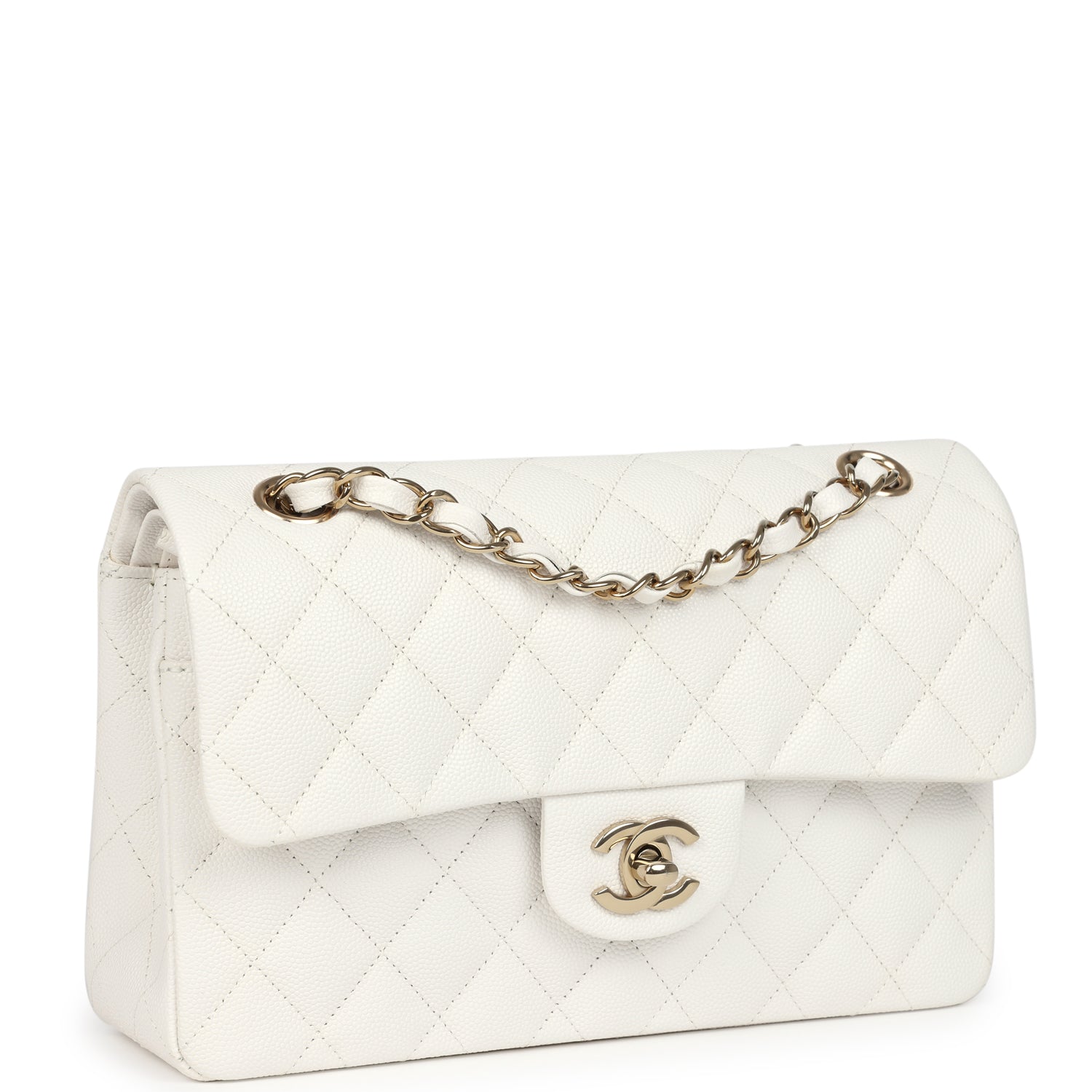 Chanel Small Classic Double Flap White Caviar Light Gold Hardware