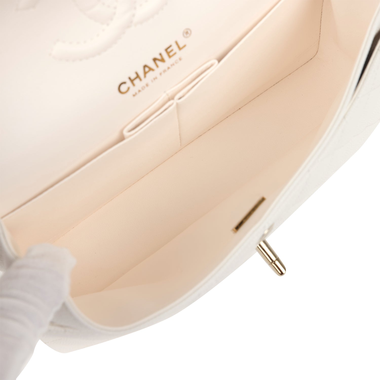 Chanel Small Classic Double Flap White Caviar Light Gold Hardware