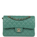 Chanel Small Classic Double Flap Bag Green Lambskin Light Gold Hardware