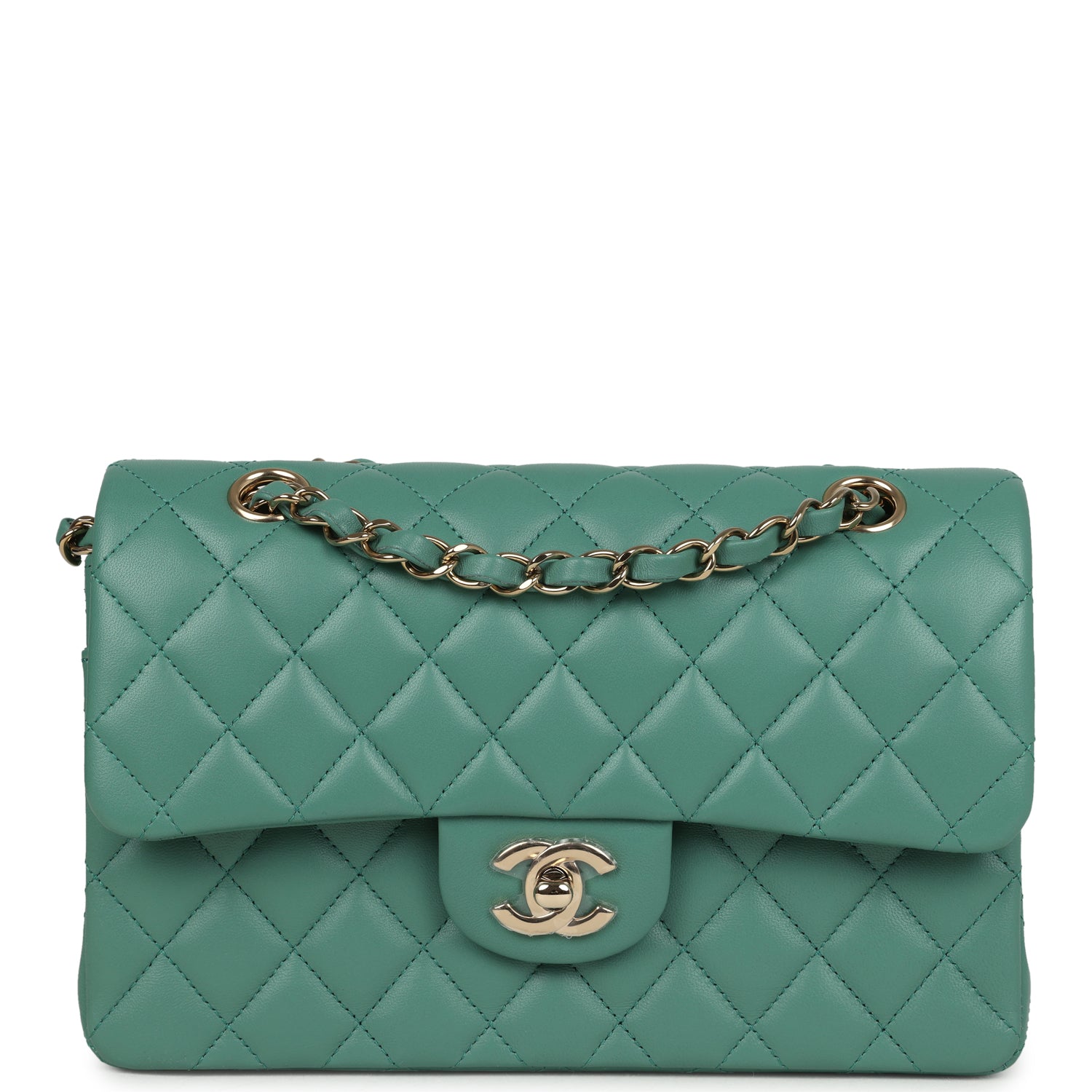 Chanel Small Classic Double Flap Bag Green Lambskin Light Gold Hardware