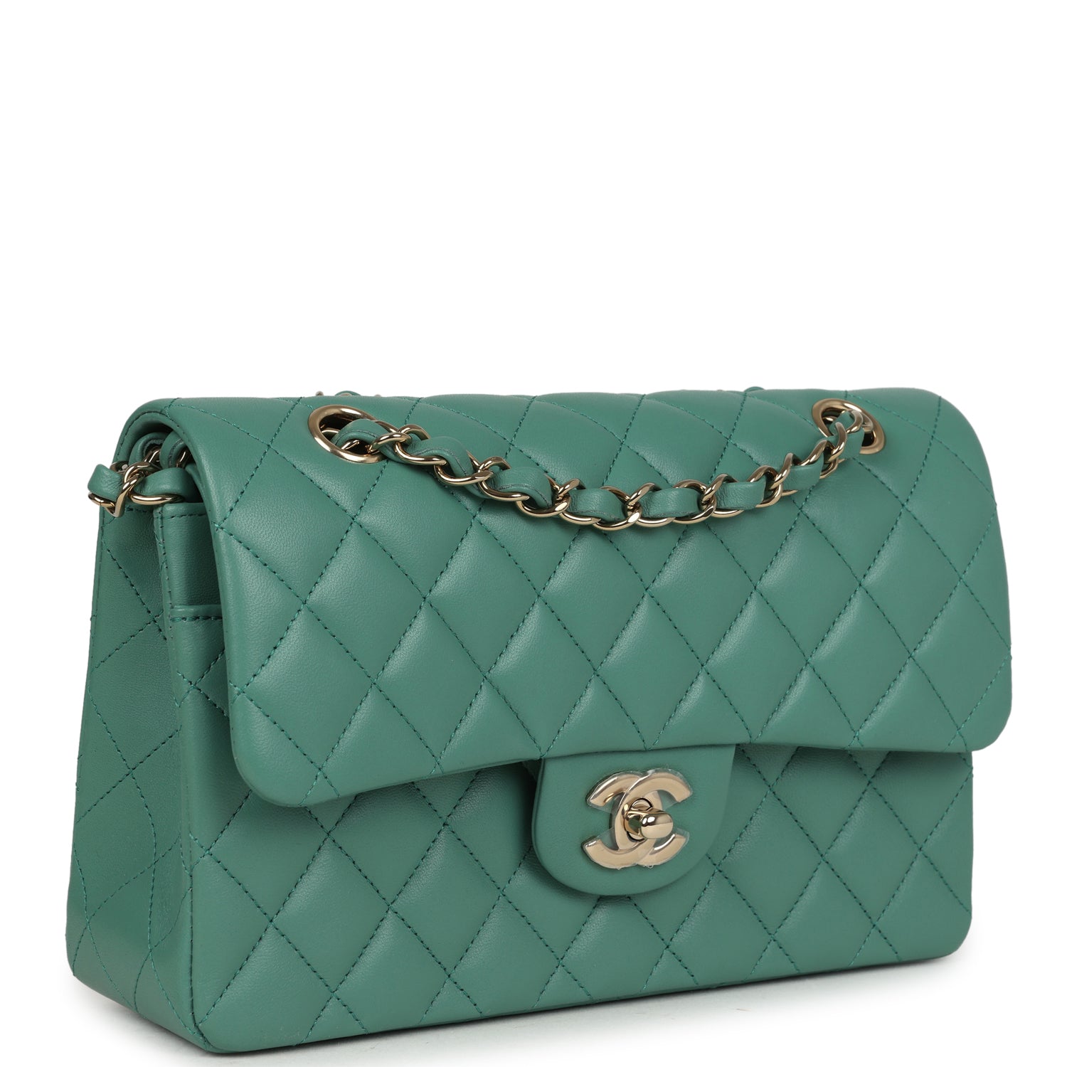 Chanel Small Classic Double Flap Bag Green Lambskin Light Gold Hardware
