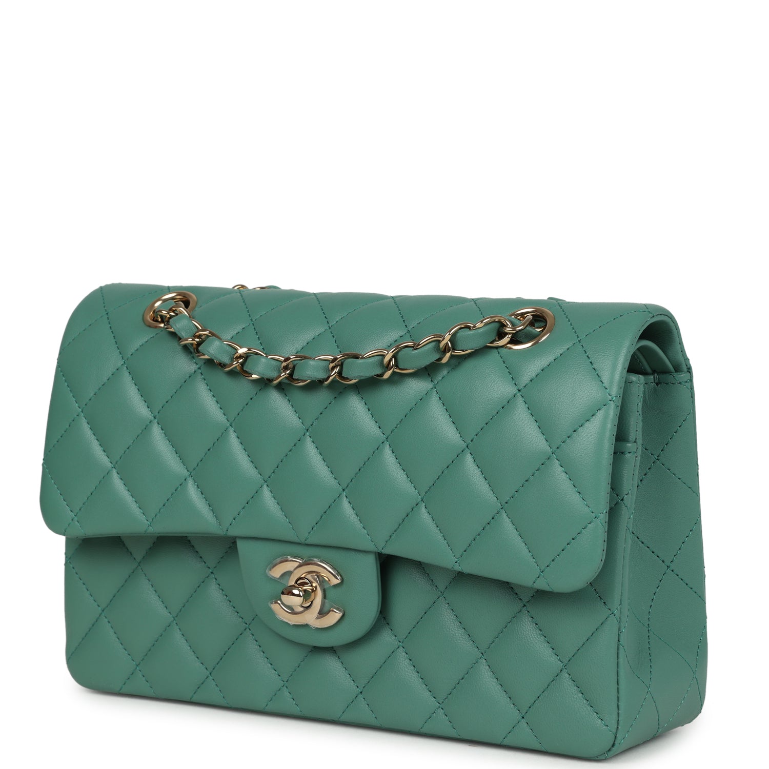 Chanel Small Classic Double Flap Bag Green Lambskin Light Gold Hardware