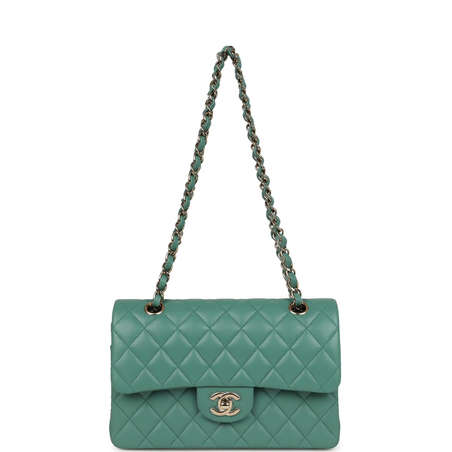 Chanel Small Classic Double Flap Bag Green Lambskin Light Gold Hardware