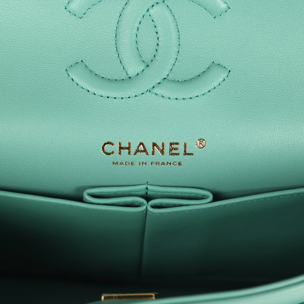Chanel Small Classic Double Flap Bag Green Lambskin Light Gold Hardware