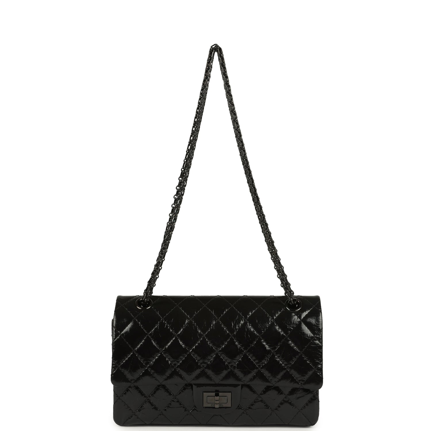 Chanel Small Reissue 225 2.55 Double Flap Bag So Black Shiny Crumpled Calfskin Black Hardware