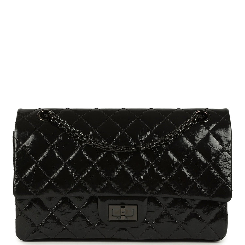 Chanel Small Reissue 225 2.55 Double Flap Bag So Black Shiny Crumpled Calfskin Black Hardware