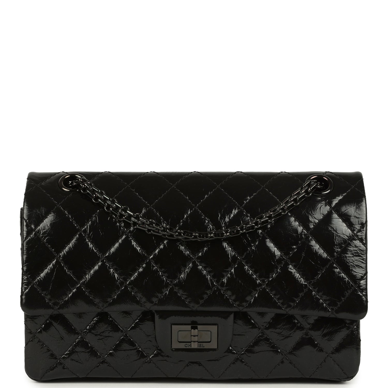 Chanel Small Reissue 225 2.55 Double Flap Bag So Black Shiny Crumpled Calfskin Black Hardware