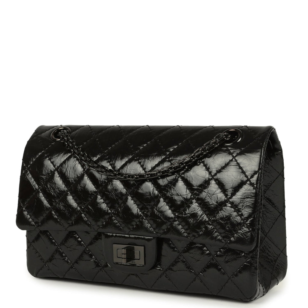 Chanel Small Reissue 225 2.55 Double Flap Bag So Black Shiny Crumpled Calfskin Black Hardware