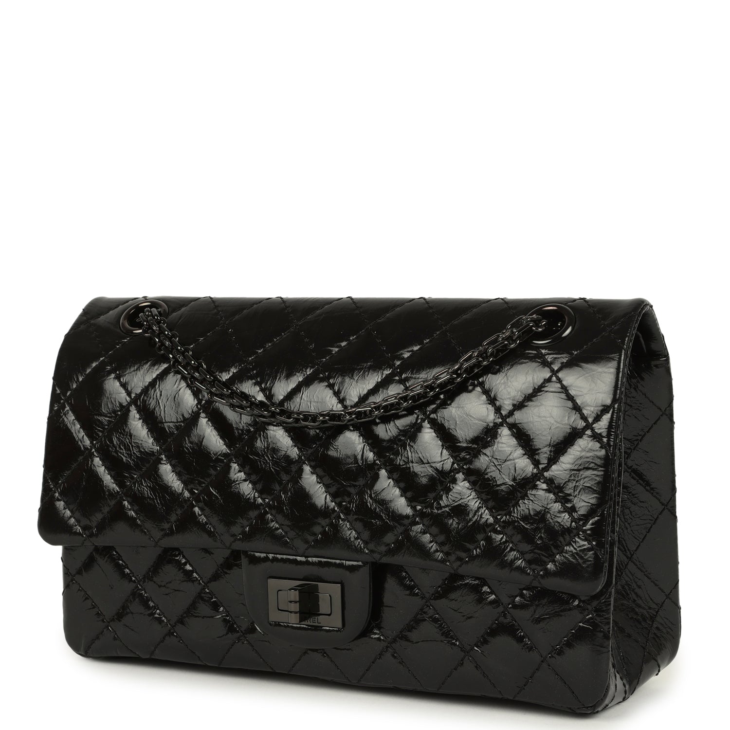 Chanel Small Reissue 225 2.55 Double Flap Bag So Black Shiny Crumpled Calfskin Black Hardware