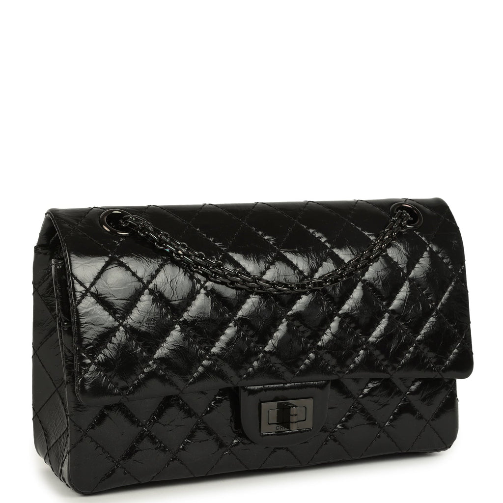 Chanel Small Reissue 225 2.55 Double Flap Bag So Black Shiny Crumpled Calfskin Black Hardware