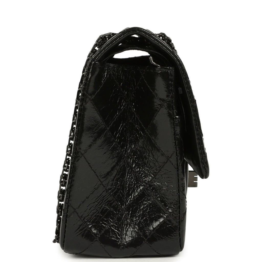 Chanel Small Reissue 225 2.55 Double Flap Bag So Black Shiny Crumpled Calfskin Black Hardware