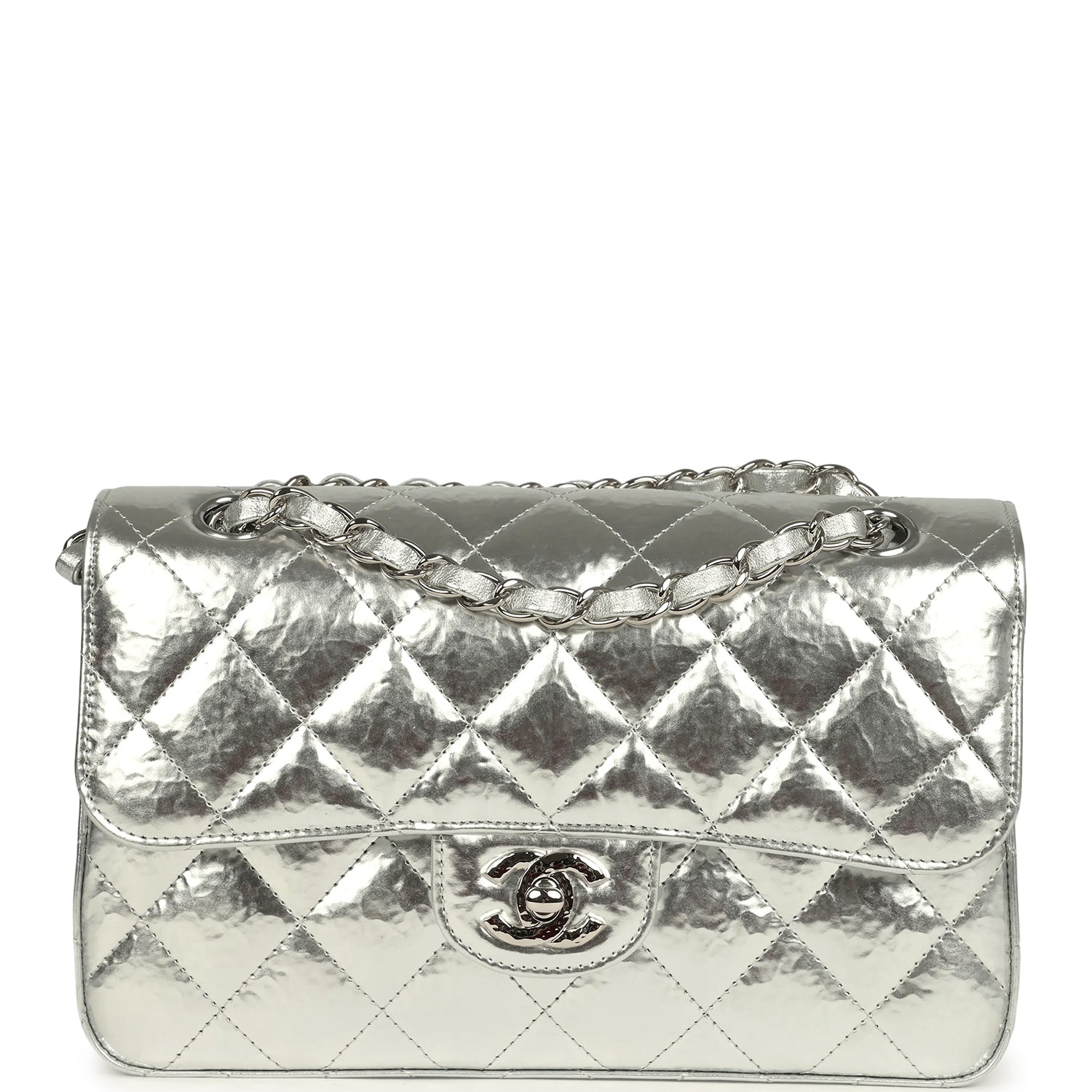 Chanel Small Classic Double Flap Silver Hammered Metallic Calfskin Silver Hardware