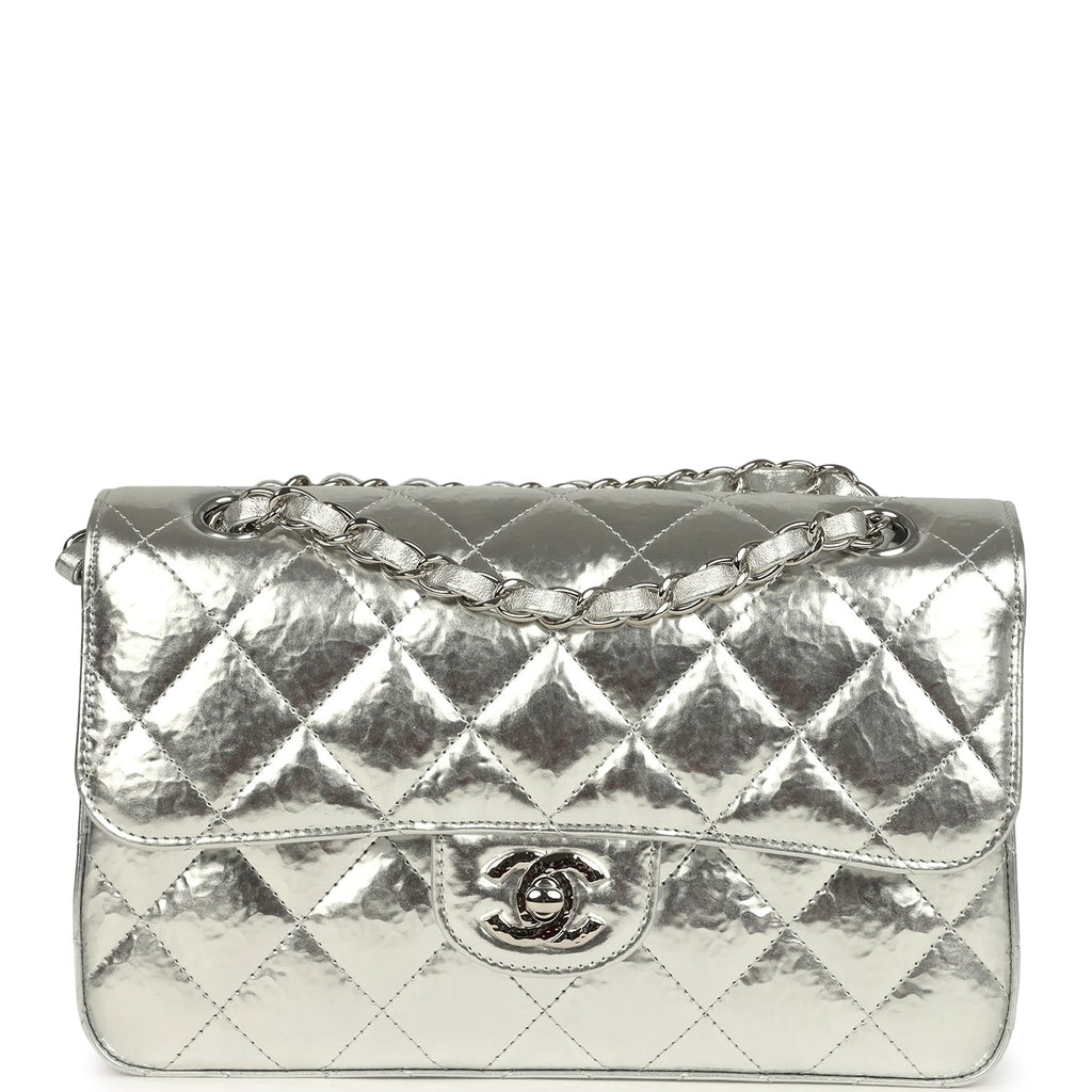 Chanel Small Classic Double Flap Silver Hammered Metallic Calfskin Silver Hardware