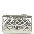 Chanel Small Classic Double Flap Silver Hammered Metallic Calfskin Silver Hardware
