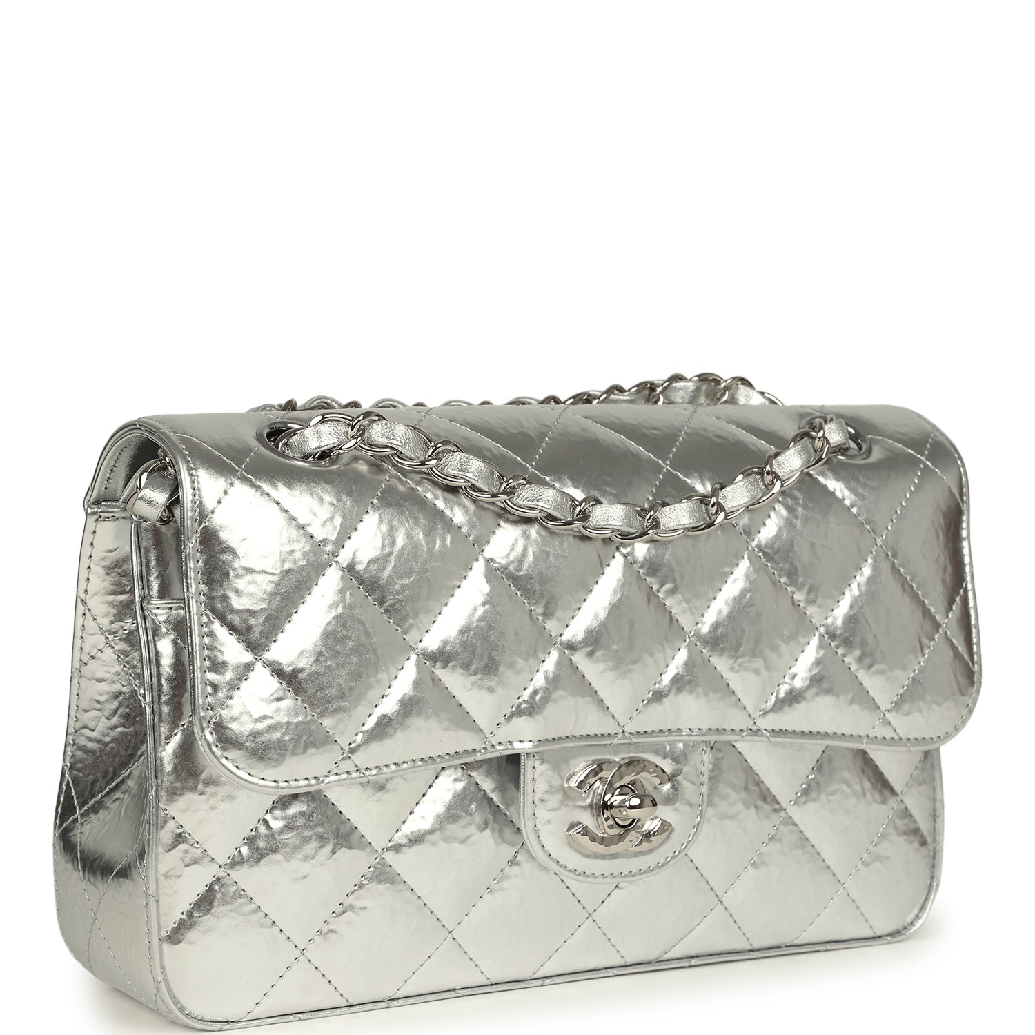 Chanel Small Classic Double Flap Silver Hammered Metallic Calfskin Silver Hardware