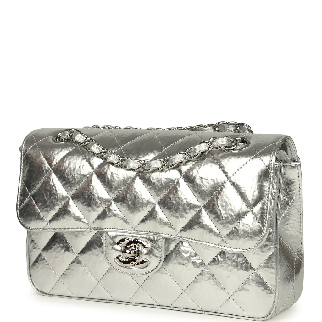 Chanel Small Classic Double Flap Silver Hammered Metallic Calfskin Silver Hardware