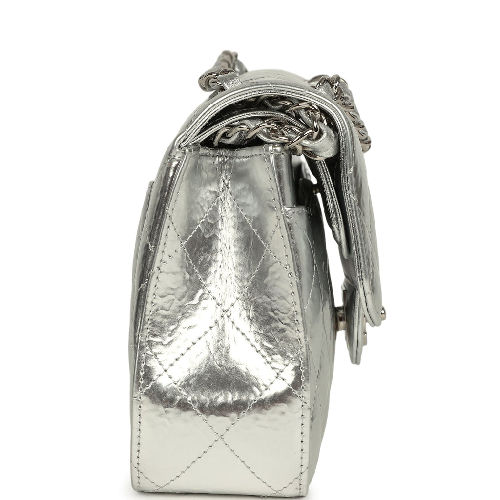 Chanel Small Classic Double Flap Silver Hammered Metallic Calfskin Silver Hardware