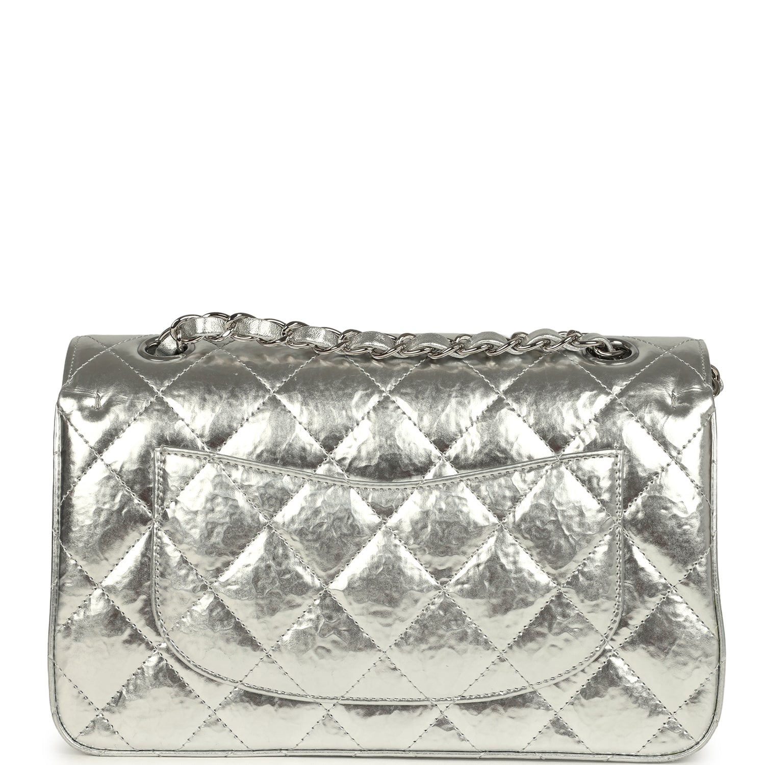 Chanel Small Classic Double Flap Silver Hammered Metallic Calfskin Silver Hardware