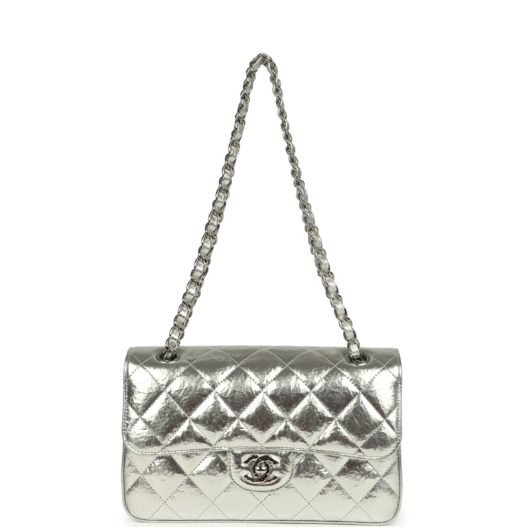 Chanel Small Classic Double Flap Silver Hammered Metallic Calfskin Silver Hardware