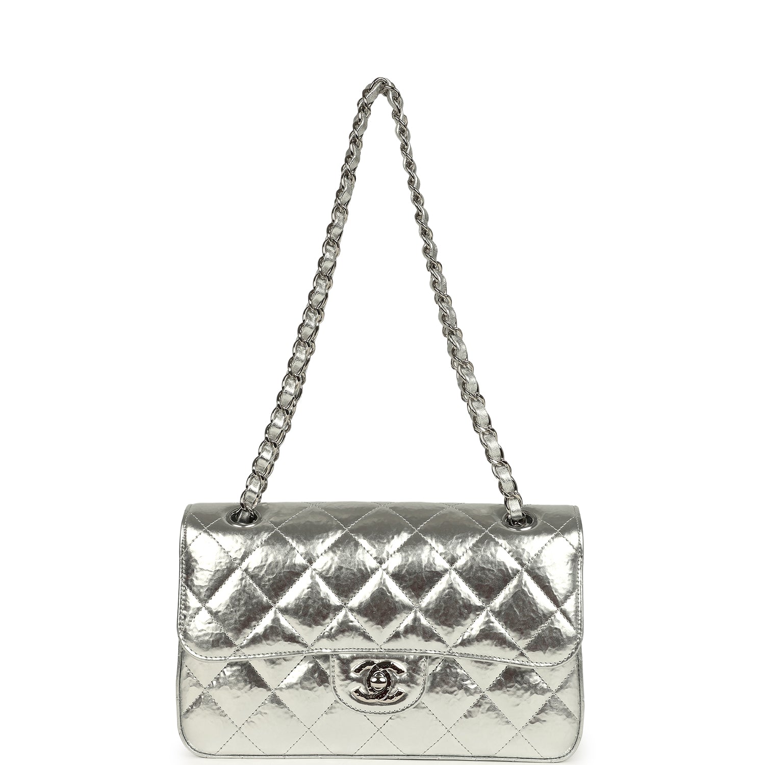 Chanel Small Classic Double Flap Silver Hammered Metallic Calfskin Silver Hardware