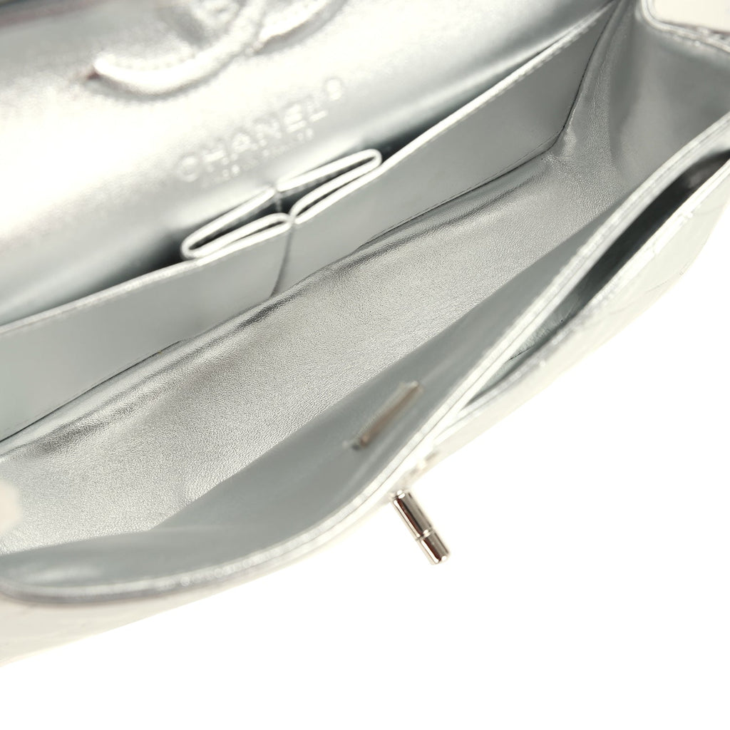 Chanel Small Classic Double Flap Silver Hammered Metallic Calfskin Silver Hardware