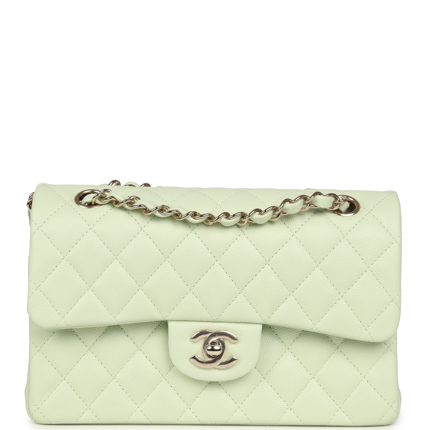 Chanel Small Classic Double Flap Bag Light Green Caviar Light Gold Hardware