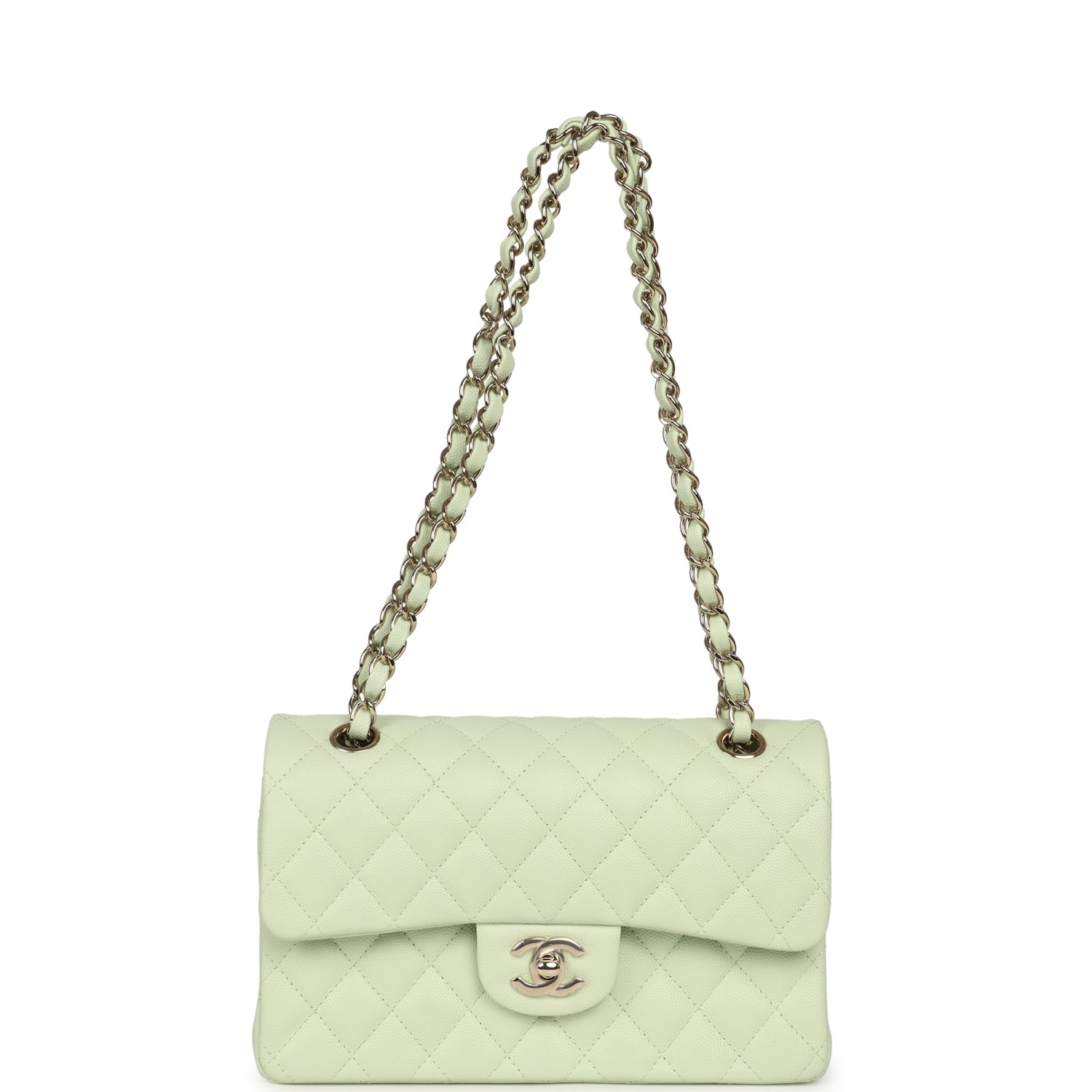 Chanel Small Classic Double Flap Bag Light Green Caviar Light Gold Hardware