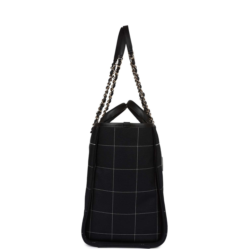 Chanel Large Deauville Shopping Bag Black and White Grid Light Gold Hardware