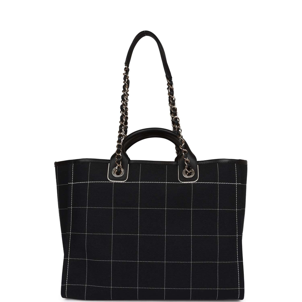 Chanel Large Deauville Shopping Bag Black and White Grid Light Gold Hardware