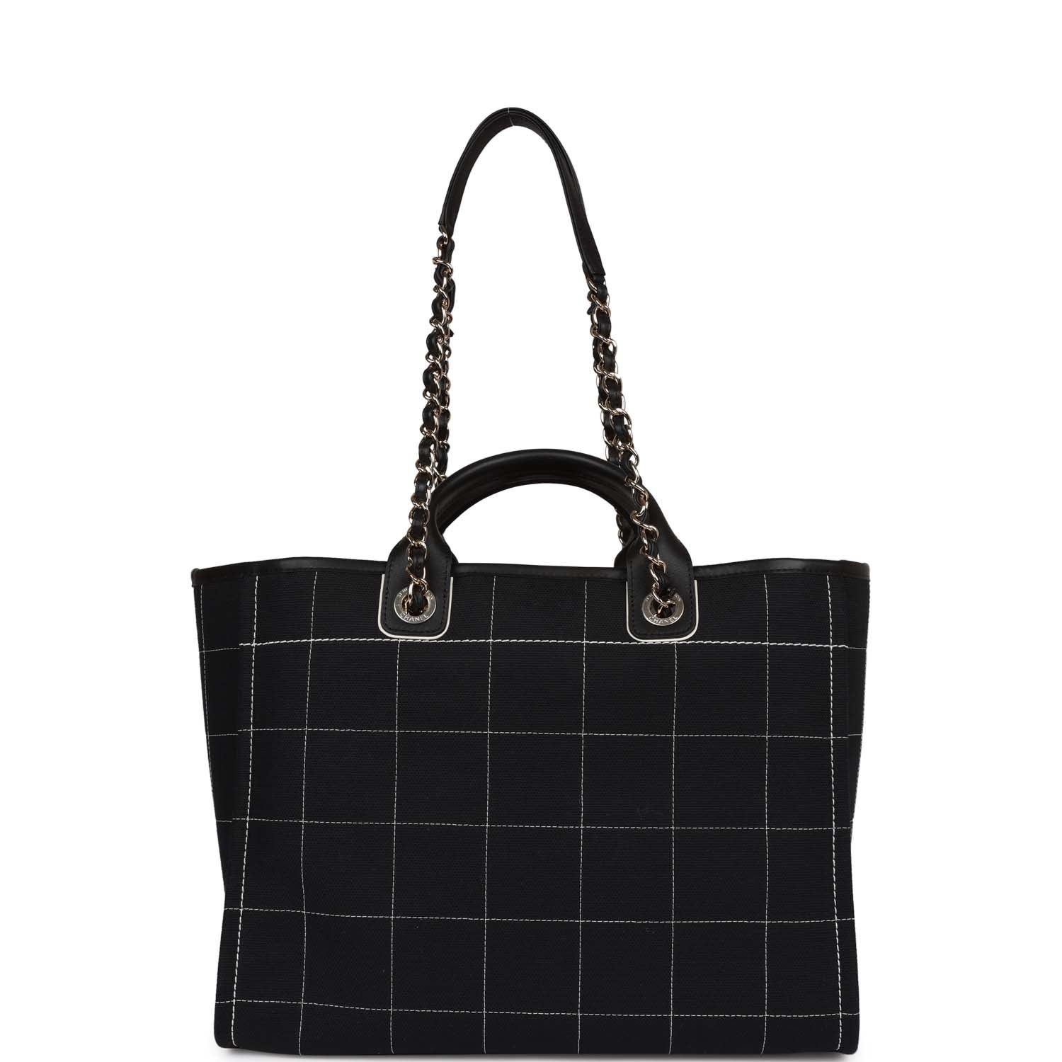 Chanel Large Deauville Shopping Bag Black and White Grid Light Gold Hardware
