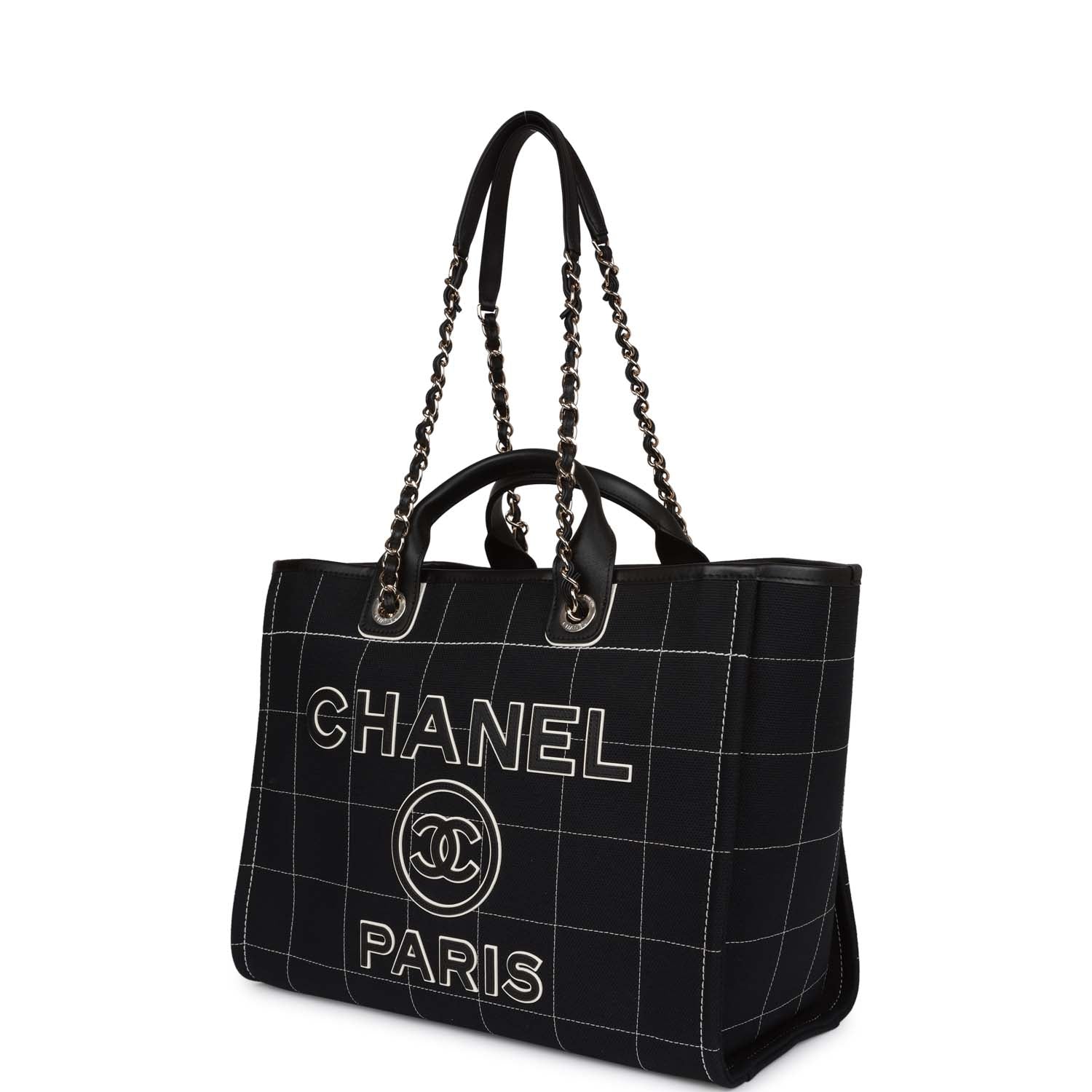 Chanel Large Deauville Shopping Bag Black and White Grid Light Gold Hardware