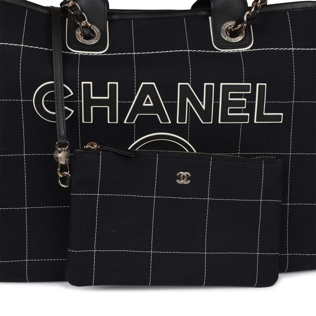 Chanel Large Deauville Shopping Bag Black and White Grid Light Gold Hardware