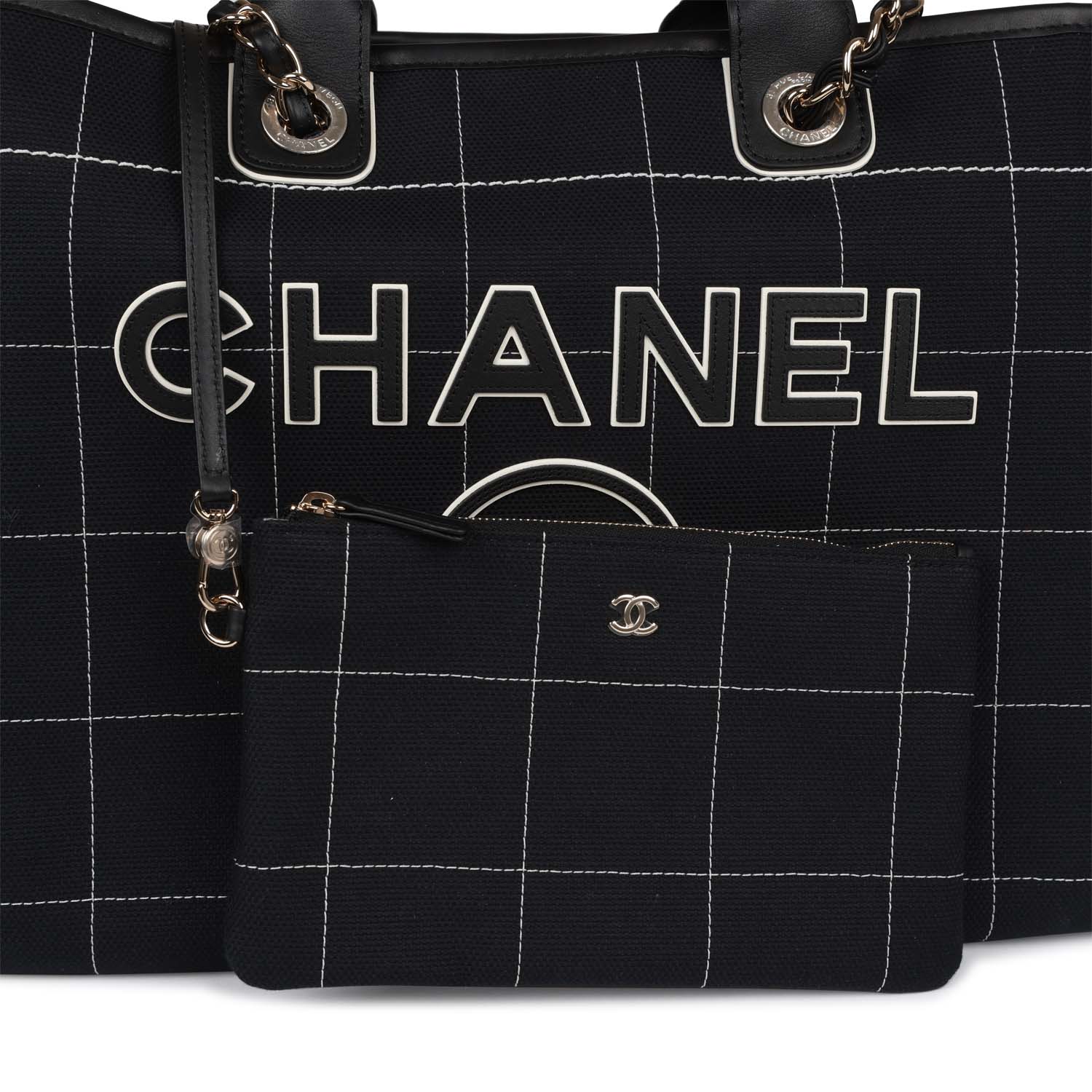 Chanel Large Deauville Shopping Bag Black and White Grid Light Gold Hardware