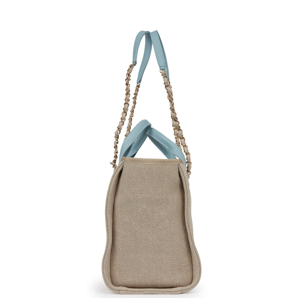 Chanel Small Deauville Shopping Tote Blue and Beige Boucle Light Gold Hardware