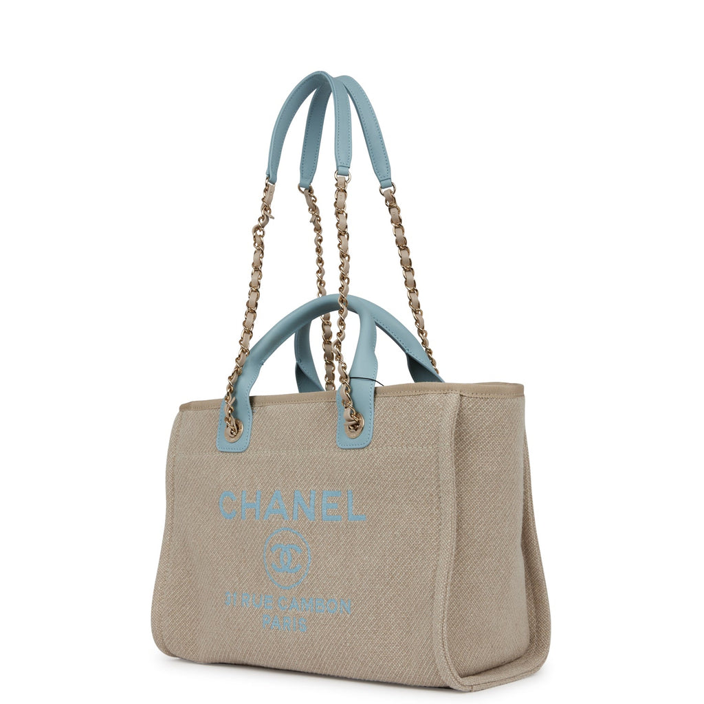 Chanel Small Deauville Shopping Tote Blue and Beige Boucle Light Gold Hardware