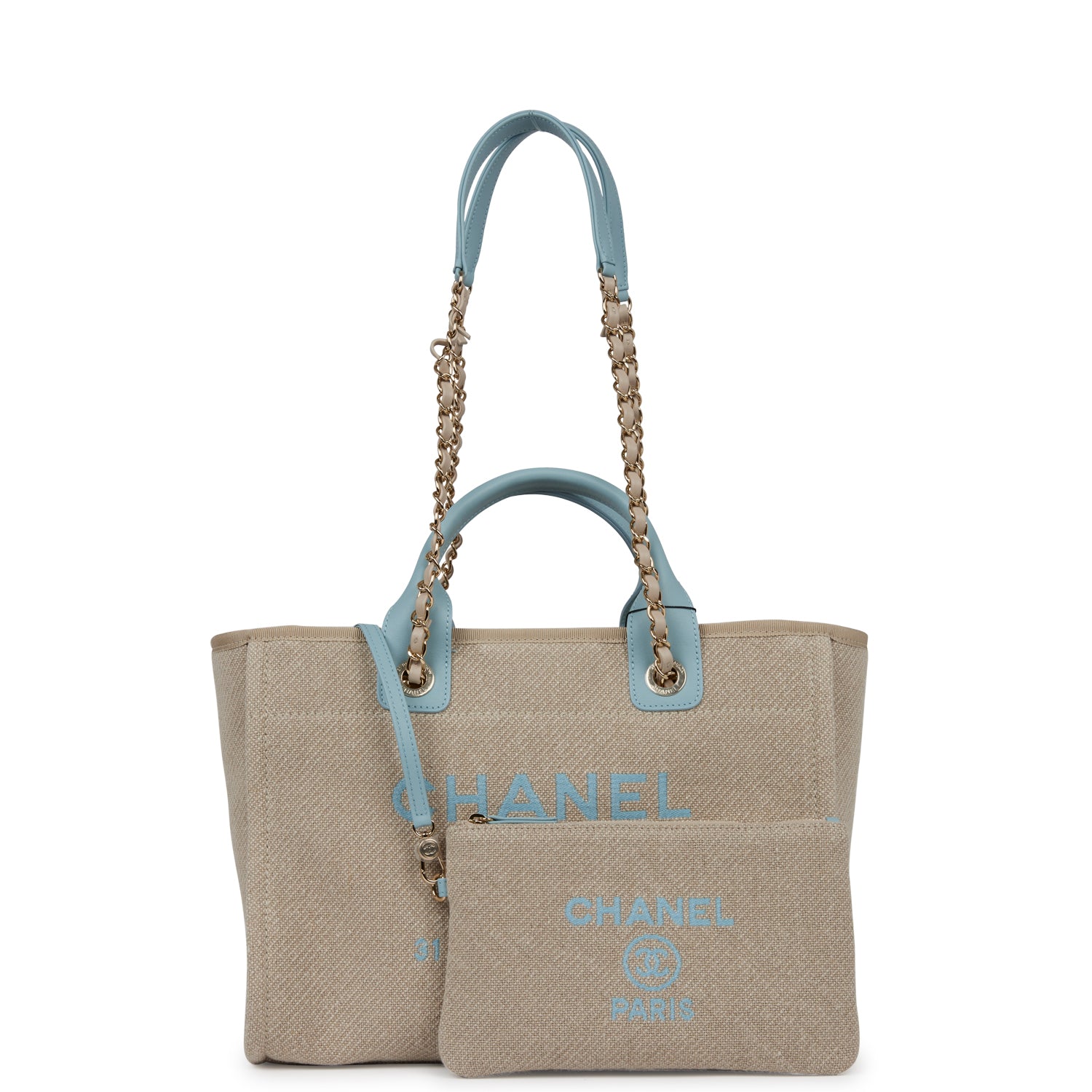 Chanel Small Deauville Shopping Tote Blue and Beige Boucle Light Gold Hardware