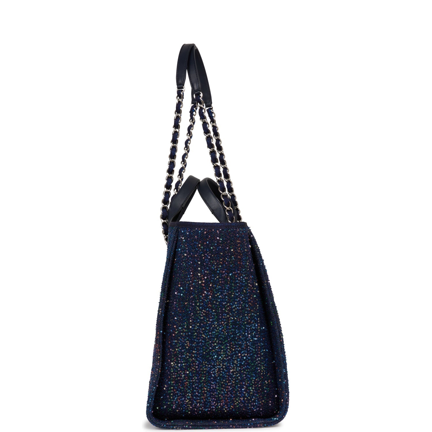 Chanel Large Deauville Shopping Bag Blue Sequin Boucle Silver Hardware