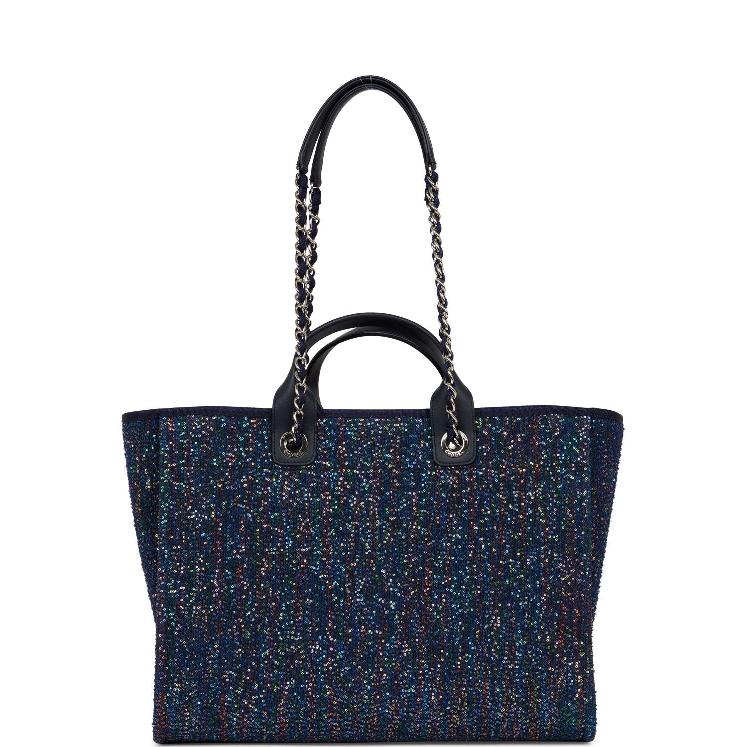 Chanel Large Deauville Shopping Bag Blue Sequin Boucle Silver Hardware