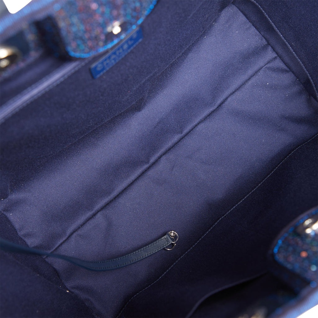 Chanel Large Deauville Shopping Bag Blue Sequin Boucle Silver Hardware