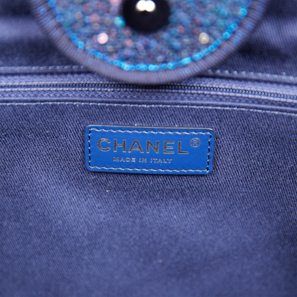 Chanel Large Deauville Shopping Tote Blue Sequin Boucle Silver Hardware