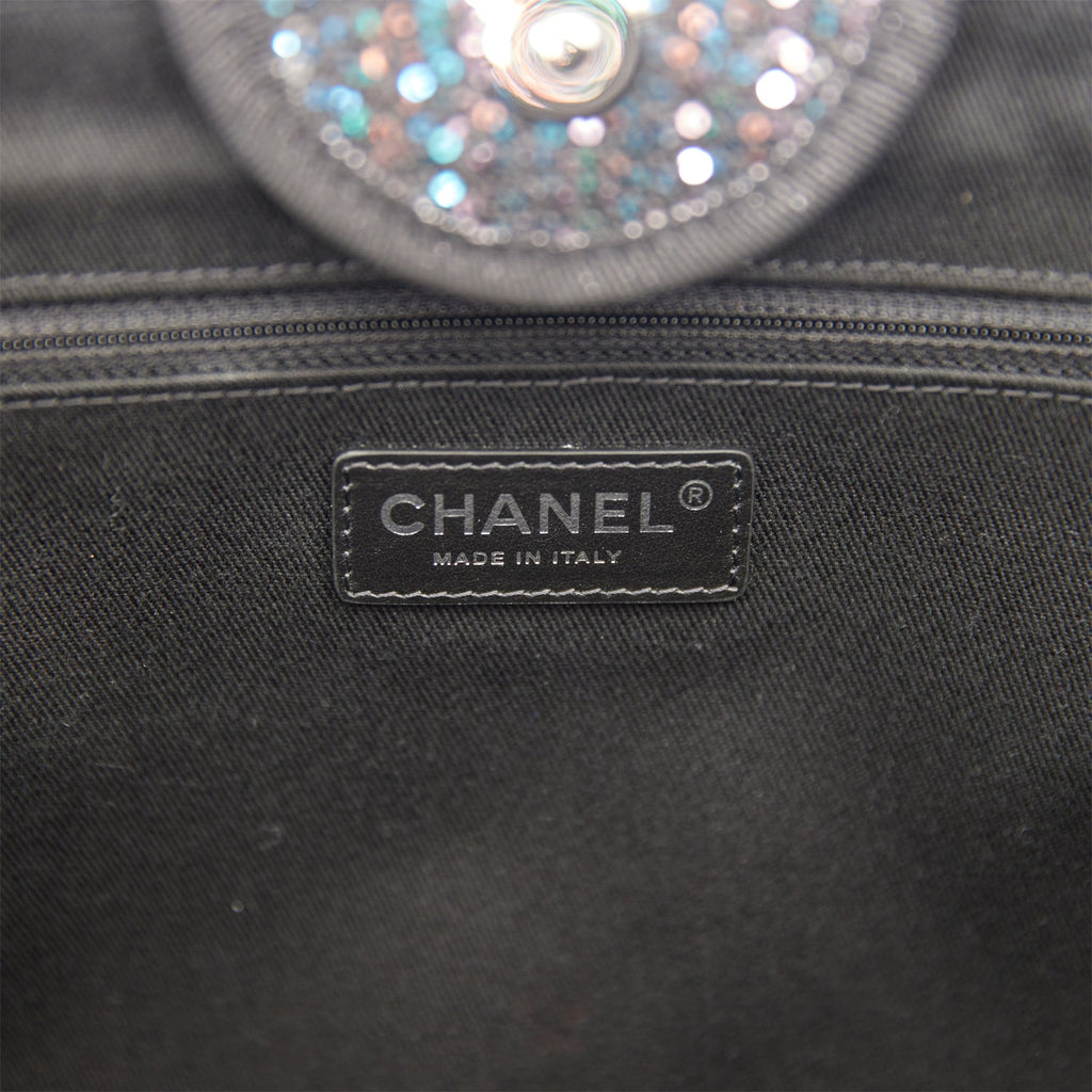 Chanel Large Deauville Shopping Bag Black Sequin Boucle Silver Hardware